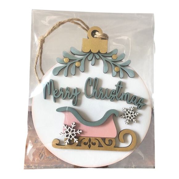 Whimsical  Merry Christmas Holly Snowflake Sled Ornament Hand Painted Wood - Picture 9 of 9